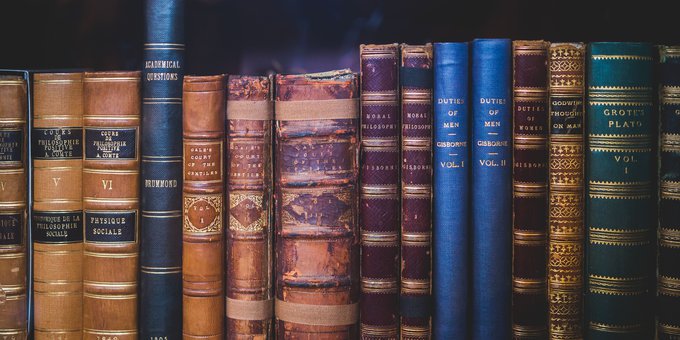 rij oude boeken met leren ruggen op een plank